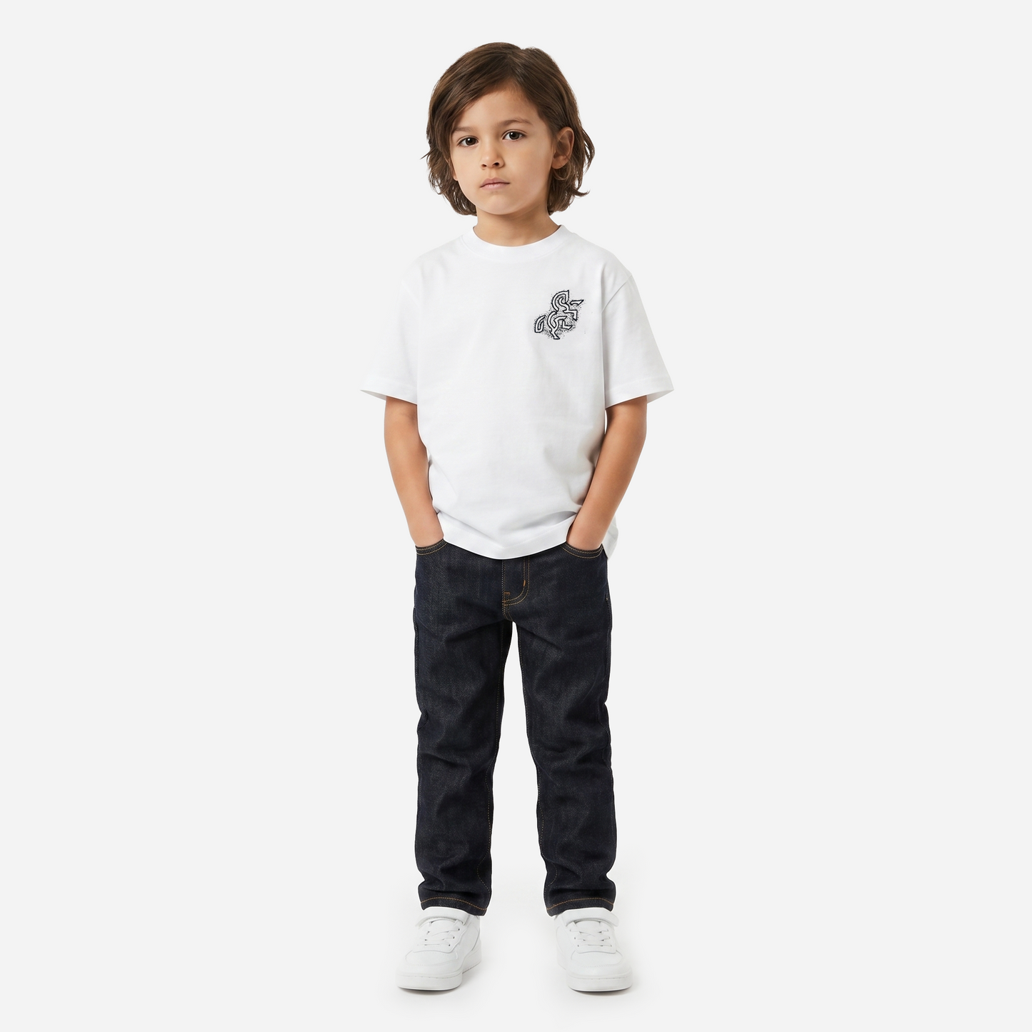 Boys' White T-shirt with a Black Logo