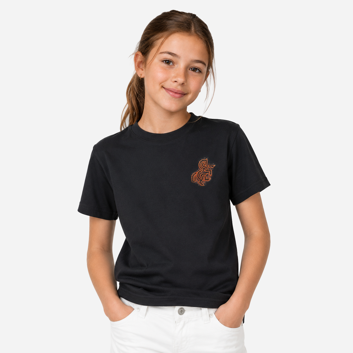 Girls' Black T-shirt with a Bronze Logo