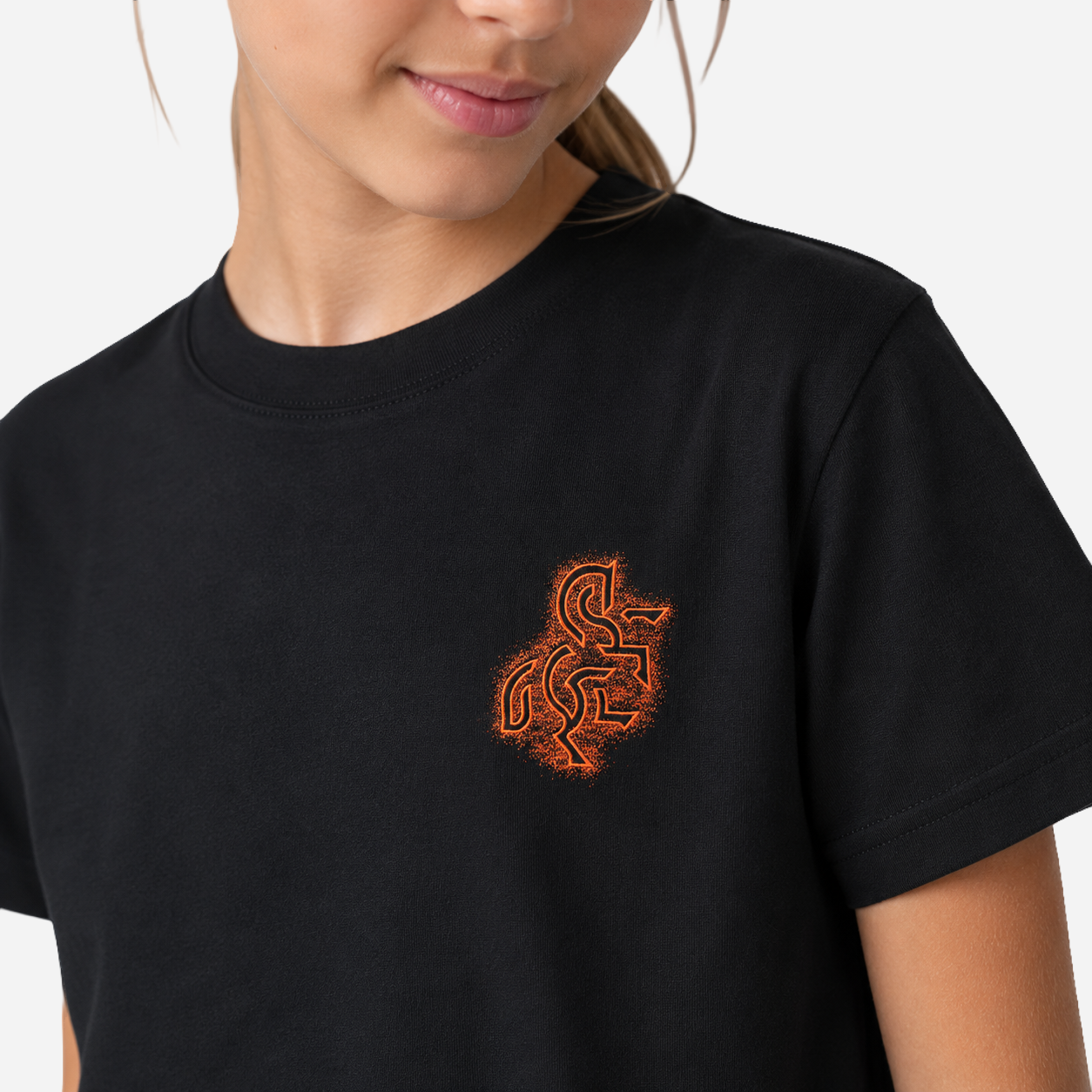 Girls' Black T-shirt with a Bronze Logo