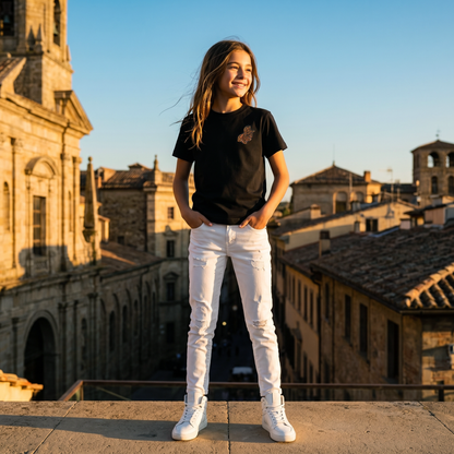 Girls' Black T-shirt with a Bronze Logo