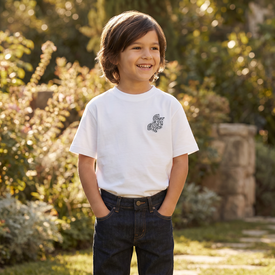 Boys' White T-shirt with a Black Logo