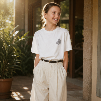 Girls' White T-shirt with a Black Logo