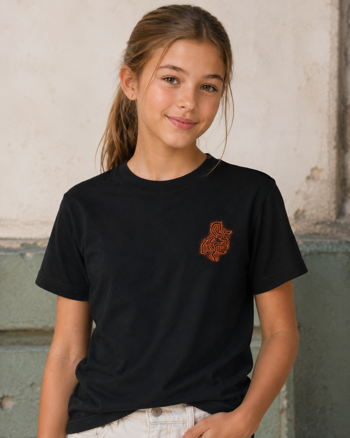 Girls' Black T-shirt with a Bronze Logo
