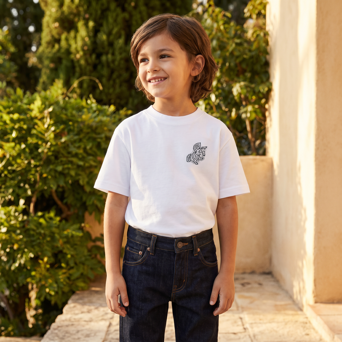 Boys' White T-shirt with a Black Logo